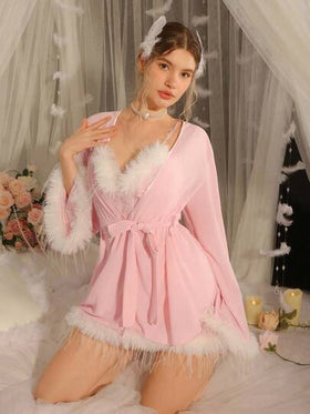 DelicateAllure طقم قميص نوم وردة نسائية من الشبك المثير مع تريم فرو