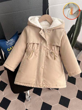 SHEIN Playful Pals معطف مبطن بقلنسوة للفتاة الصغيرة، أمامي بسحاب، خصر مربوط