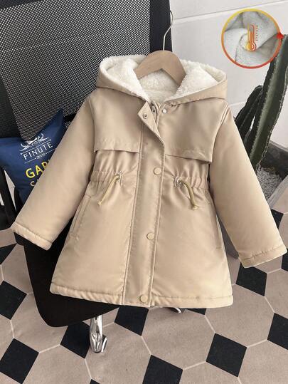 SHEIN Playful Pals معطف مبطن بقلنسوة للفتاة الصغيرة، أمامي بسحاب، خصر مربوط
