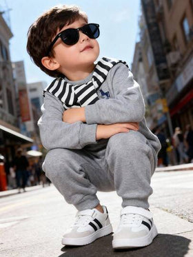 SHEIN Playful Pals 3 قطع طقم ملابس شتوية للأطفال الرضع الصبيان، يتكون من بلوزة رقبة طاقم مطرزة بنمط مبطنة حرارياً وبنطال ذو طوق شال مخطط، مجموعة ملابس كاجوال للأطفال الرضع في فصل الخريف والشتاء