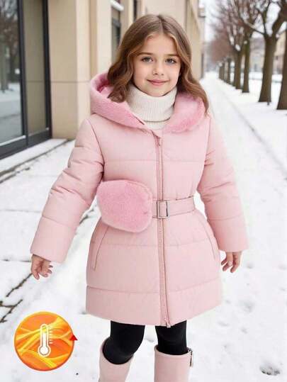 Elladie kids معطف مبطن بغطاء للفتاة الصغيرة متوسط الطول مبطن بالحشو مع خصر ضيق وجيب، مناسب للاستخدام اليومي والخارجي في فصلي الخريف والشتاء، معطف شتوي للفتيات باللون الوردي، معطف شتوي للفتيات مع غطاء من الفرو