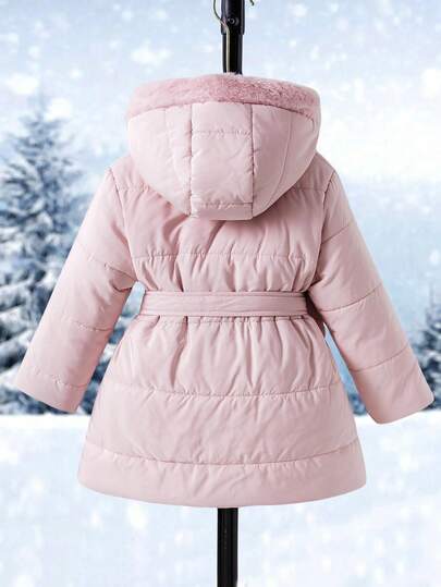 Elladie kids معطف مبطن بغطاء للفتاة الصغيرة متوسط الطول مبطن بالحشو مع خصر ضيق وجيب، مناسب للاستخدام اليومي والخارجي في فصلي الخريف والشتاء، معطف شتوي للفتيات باللون الوردي، معطف شتوي للفتيات مع غطاء من الفرو