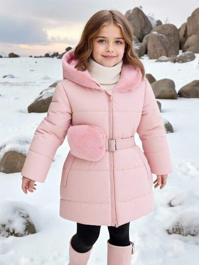 Elladie kids معطف مبطن بغطاء للفتاة الصغيرة متوسط الطول مبطن بالحشو مع خصر ضيق وجيب، مناسب للاستخدام اليومي والخارجي في فصلي الخريف والشتاء، معطف شتوي للفتيات باللون الوردي، معطف شتوي للفتيات مع غطاء من الفرو