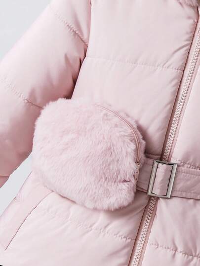 Elladie kids معطف مبطن بغطاء للفتاة الصغيرة متوسط الطول مبطن بالحشو مع خصر ضيق وجيب، مناسب للاستخدام اليومي والخارجي في فصلي الخريف والشتاء، معطف شتوي للفتيات باللون الوردي، معطف شتوي للفتيات مع غطاء من الفرو