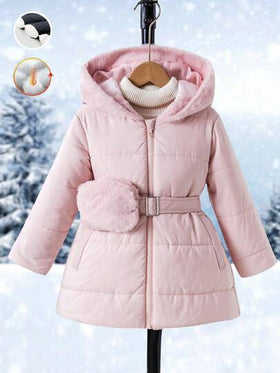 Elladie kids معطف مبطن بغطاء للفتاة الصغيرة متوسط الطول مبطن بالحشو مع خصر ضيق وجيب، مناسب للاستخدام اليومي والخارجي في فصلي الخريف والشتاء، معطف شتوي للفتيات باللون الوردي، معطف شتوي للفتيات مع غطاء من الفرو