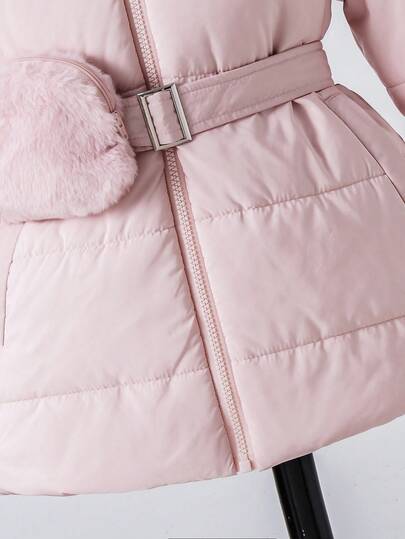 Elladie kids معطف مبطن بغطاء للفتاة الصغيرة متوسط الطول مبطن بالحشو مع خصر ضيق وجيب، مناسب للاستخدام اليومي والخارجي في فصلي الخريف والشتاء، معطف شتوي للفتيات باللون الوردي، معطف شتوي للفتيات مع غطاء من الفرو