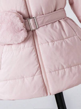 Elladie kids معطف مبطن بغطاء للفتاة الصغيرة متوسط الطول مبطن بالحشو مع خصر ضيق وجيب، مناسب للاستخدام اليومي والخارجي في فصلي الخريف والشتاء، معطف شتوي للفتيات باللون الوردي، معطف شتوي للفتيات مع غطاء من الفرو