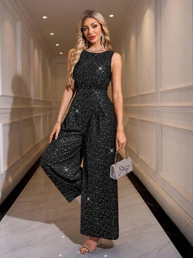 SHEIN Clasi جمبسوت نسائية أنيقة بظهر مكشوف، قصة فضفاضة، مطبوعة بألوان متباينة