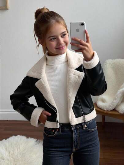 SHEIN معطف/جاكيت قصيرة أكمام طويلة من الفرو الصناعي مبطنة بالفليس مع طوق دراجة نارية وسحاب معدني، طراز شارع عصري للفتيات المراهقات، باللون الأسود للخريف/الشتاء
