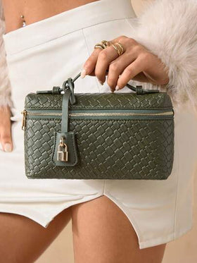 SHEIN SXY حقائب يد للسيدات، حقائب منسوجة، عصرية، بسيطة، أنيقة، متعددة الاستخدامات، كلاسيكية، مصنوعة من جلد PU المنسوج، حقيبة حمراء، زينة قفل معدني، للتنقل والمكتب والمواعيد والاستخدام اليومي والتسوق وتناول الشاي بعد الظهر