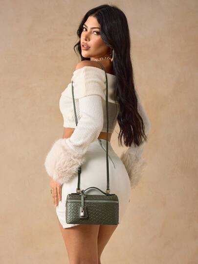 SHEIN SXY حقائب يد للسيدات، حقائب منسوجة، عصرية، بسيطة، أنيقة، متعددة الاستخدامات، كلاسيكية، مصنوعة من جلد PU المنسوج، حقيبة حمراء، زينة قفل معدني، للتنقل والمكتب والمواعيد والاستخدام اليومي والتسوق وتناول الشاي بعد الظهر