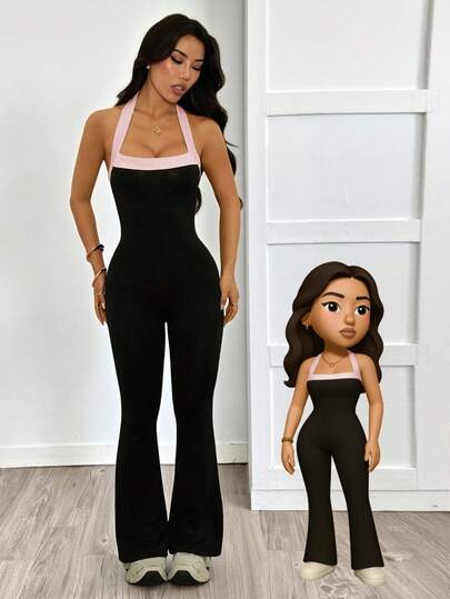 SHEIN PETITE جمبسوت نسائية بسيطة ذات لون واحد مع قطع ملونة، ملائمة للارتداء اليومي العادي