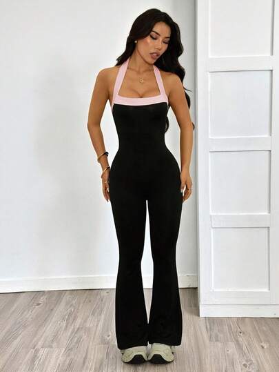 SHEIN PETITE جمبسوت نسائية بسيطة ذات لون واحد مع قطع ملونة، ملائمة للارتداء اليومي العادي