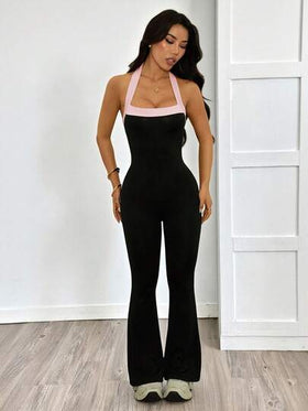 SHEIN PETITE جمبسوت نسائية بسيطة ذات لون واحد مع قطع ملونة، ملائمة للارتداء اليومي العادي