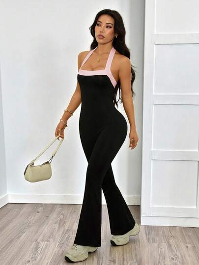 SHEIN PETITE جمبسوت نسائية بسيطة ذات لون واحد مع قطع ملونة، ملائمة للارتداء اليومي العادي