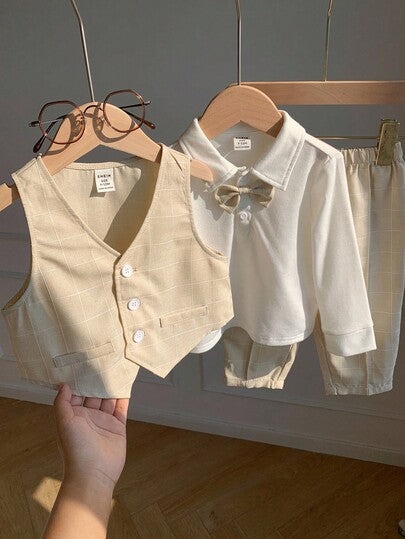 SHEIN 3 قطع بدلة رسمية لأطفال الرضع من القميص الأبيض طويل الأكمام والتي شيرت والسترة المربعة والبنطلون، إطلالة أنيقة للربيع/الصيف، مناسبة لحفلات عيد الميلاد والمعمودية وعيد الميلاد الأول والمناسبات والحفلات الزفاف