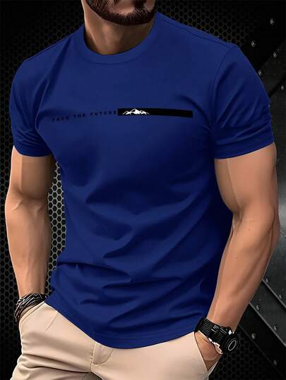 Manfinity Homme قميص تي شيرت رجالي جديد عصري مريح ذو أكمام قصيرة، تي شيرت أحمر بسيط ومتعدد الاستخدامات ينظر إلى المستقبل