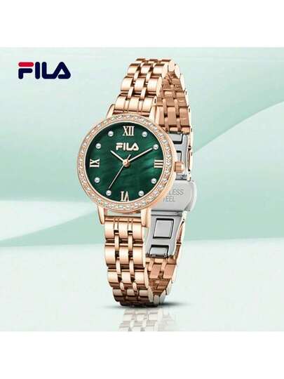 ساعة كوارتز فاخرة للسيدات من FILA - إطار بلوري لامع، وجه من اللؤلؤ وسوار من الصلب | هدية فاخرة للمرأة