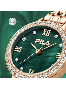 ساعة كوارتز فاخرة للسيدات من FILA - إطار بلوري لامع، وجه من اللؤلؤ وسوار من الصلب | هدية فاخرة للمرأة