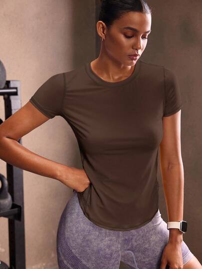 Powerista قميص رياضي كاجوال قصير الأكمام بياقة دائرية لون أحادي للنساء، قمصان رياضية للجيم