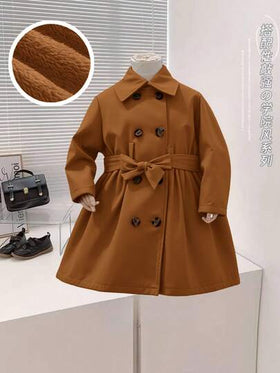 SHEIN معطف طويل مبطن حراريًا للبنات الصغار بياقة قصيرة، كاجوال وجميل، للخريف/الشتاء