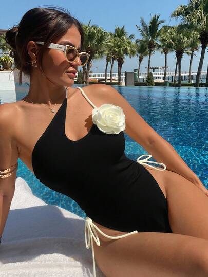 Swim SXY بدلة سباحة واحدة نسائية للتخسيس بخط واحد على الكتف مع رباط وزهرة 3D للزينة, الشاطئ الصيفية