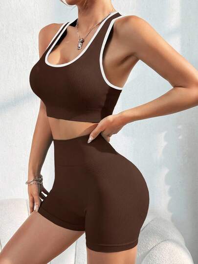 Dewbera مجموعة ملابس علوية وشورت رياضية للنساء، حمالة صدر رياضية بني، مجموعة رياضية مكونة من قطعتين، حمالة صدر رياضية وشورت، مجموعة رياضية مكونة من قطعتين، مجموعة يوغا مكونة من قطعتين