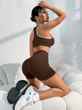 Dewbera مجموعة ملابس علوية وشورت رياضية للنساء، حمالة صدر رياضية بني، مجموعة رياضية مكونة من قطعتين، حمالة صدر رياضية وشورت، مجموعة رياضية مكونة من قطعتين، مجموعة يوغا مكونة من قطعتين