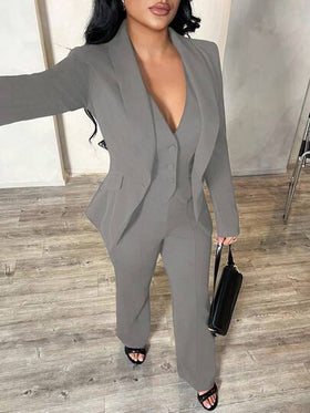 SHEIN SXY مجموعة من 3 قطع: بدلة رمادية بأكمام طويلة، سترة صدرية وبنطلون، طقم أنيق للذهاب إلى العمل والمواعيد، بدلة نسائية رمادية مكونة من قطعتين مناسبة للخريف والشتاء، ملابس نسائية مريحة للعمل والأناقة