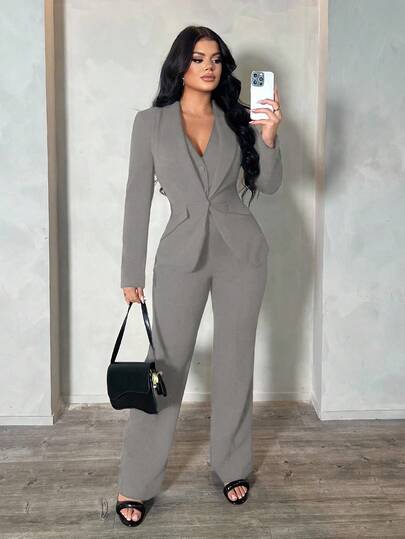 SHEIN SXY مجموعة من 3 قطع: بدلة رمادية بأكمام طويلة، سترة صدرية وبنطلون، طقم أنيق للذهاب إلى العمل والمواعيد، بدلة نسائية رمادية مكونة من قطعتين مناسبة للخريف والشتاء، ملابس نسائية مريحة للعمل والأناقة
