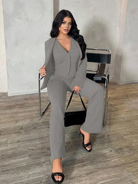 SHEIN SXY مجموعة من 3 قطع: بدلة رمادية بأكمام طويلة، سترة صدرية وبنطلون، طقم أنيق للذهاب إلى العمل والمواعيد، بدلة نسائية رمادية مكونة من قطعتين مناسبة للخريف والشتاء، ملابس نسائية مريحة للعمل والأناقة