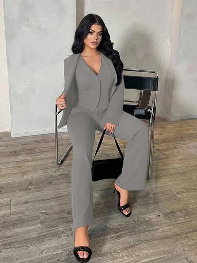 SHEIN SXY مجموعة من 3 قطع: بدلة رمادية بأكمام طويلة، سترة صدرية وبنطلون، طقم أنيق للذهاب إلى العمل والمواعيد، بدلة نسائية رمادية مكونة من قطعتين مناسبة للخريف والشتاء، ملابس نسائية مريحة للعمل والأناقة
