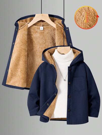SHEIN معطف سميك مبطن حراريًا مع غطاء رأس للأولاد الصغار، مناسب للارتداء اليومي والمرونة، مناسب للمدرسة والحديقة والشاطئ وأعياد الميلاد، للاستخدام في الربيع والصيف والخريف والشتاء