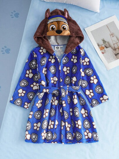 SHEIN | PAW Patrol رداء فرو مبطن بقلنسوة ذات أذن مطبوع عليها بصمات أقدام كلب وصورة طفل صغير وكلب لطيف، ملابس منزلية مناسبة للخريف والشتاء