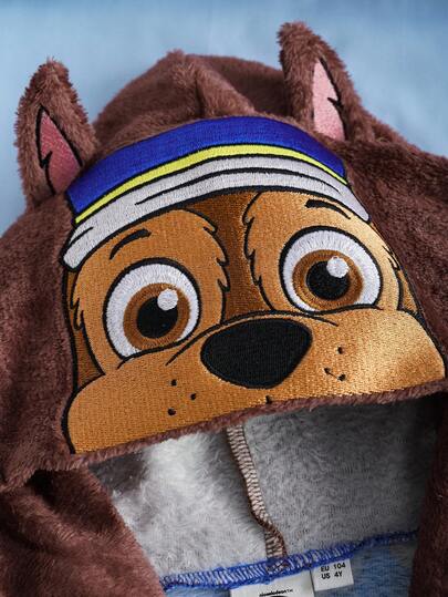 SHEIN | PAW Patrol رداء فرو مبطن بقلنسوة ذات أذن مطبوع عليها بصمات أقدام كلب وصورة طفل صغير وكلب لطيف، ملابس منزلية مناسبة للخريف والشتاء