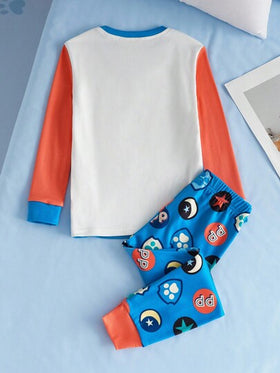 SHEIN | PAW Patrol بيجامة طفل صبي مكونة من ملابس علوية كم طويل وبنطلون مع طباعة كرتونية لجرو ملون، مناسبة للخريف والشتاء