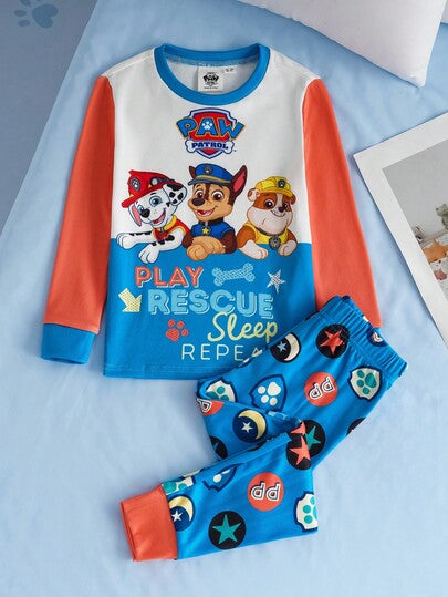 SHEIN | PAW Patrol بيجامة طفل صبي مكونة من ملابس علوية كم طويل وبنطلون مع طباعة كرتونية لجرو ملون، مناسبة للخريف والشتاء