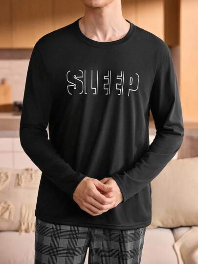Manfinity Underwear&Sleepwear Basics ملابس علوية نوم رجالية طويلة الأكمام بطباعة "SLEEP" ناعمة ومريحة، للخريف والشتاء