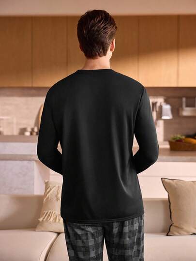Manfinity Underwear&Sleepwear Basics ملابس علوية نوم رجالية طويلة الأكمام بطباعة "SLEEP" ناعمة ومريحة، للخريف والشتاء