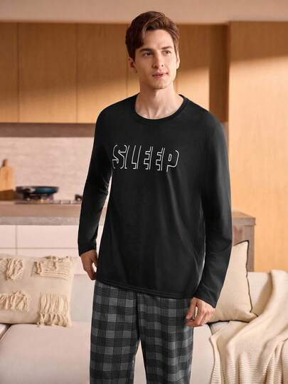 Manfinity Underwear&Sleepwear Basics ملابس علوية نوم رجالية طويلة الأكمام بطباعة "SLEEP" ناعمة ومريحة، للخريف والشتاء