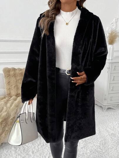 SHEIN Clasi معطف نسائي طويل الأكمام فضفاض من الفرو الصناعي بلون واحد، للخريف والشتاء