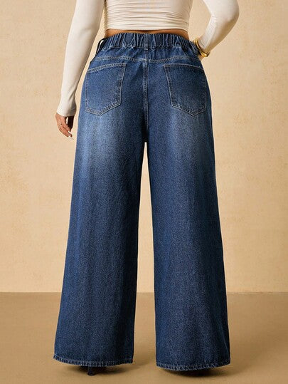SHEIN Tall CURVE سروال جينز واسع الساق مغسول للمناسبات العادية والشتوية والأعياد كالهالوين والكريسماس وعيد الشكر، ذو خصر عالي وساق واسعة، ملابس نسائية أنيقة مريحة مطاطية الخصر، ملابس نسائية للزفاف الفني والأعمال الرسمية والريفية المتواضعة والعصرية، ملابس