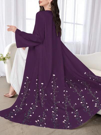 SHEIN Najma عباءة أنثوية طويلة الأكمام بطبعة زهرية بنفسجية كاجوال، ربيع/خريف