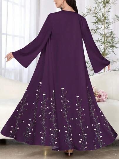 SHEIN Najma عباءة أنثوية طويلة الأكمام بطبعة زهرية بنفسجية كاجوال، ربيع/خريف