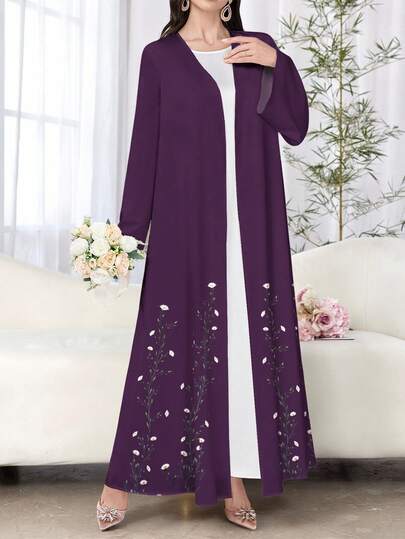 SHEIN Najma عباءة أنثوية طويلة الأكمام بطبعة زهرية بنفسجية كاجوال، ربيع/خريف