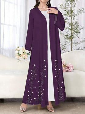 SHEIN Najma عباءة أنثوية طويلة الأكمام بطبعة زهرية بنفسجية كاجوال، ربيع/خريف
