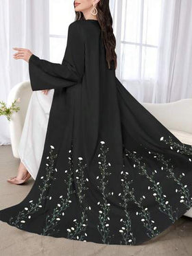SHEIN Najma عباءة أنثوية طويلة الأكمام بطبعة زهرية سوداء، كاجوال، للربيع والخريف