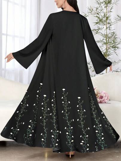 SHEIN Najma عباءة أنثوية طويلة الأكمام بطبعة زهرية سوداء، كاجوال، للربيع والخريف