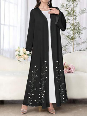 SHEIN Najma عباءة أنثوية طويلة الأكمام بطبعة زهرية سوداء، كاجوال، للربيع والخريف