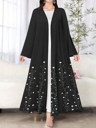 SHEIN Najma عباءة أنثوية طويلة الأكمام بطبعة زهرية سوداء، كاجوال، للربيع والخريف